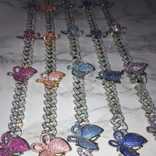 Load image into Gallery viewer, Butterfly Cuban Link Choker VVS Necklace Womens Hot Pink Sky Blue Silver Cubic Zirconia Icy Bae Icy Szn UK Worldwide Shipping  Kylie Jenner Kim Kardashian Jewellery 
