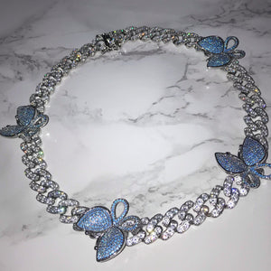 Butterfly Cuban Link Choker VVS Necklace Womens Silver Sky blue Cubic Zirconia Icy Bae Icy Szn UK Worldwide Shipping Kylie Jenner Kim Kardashian Jewellery