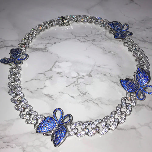 Butterfly Cuban Link Choker VVS Necklace Womens Blue Silver Cubic Zirconia Icy Bae Icy Szn UK Worldwide Shipping  Kylie Jenner Kim Kardashian Jewellery 