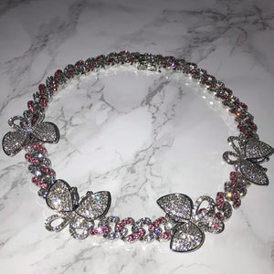 Butterfly Cuban Link Choker VVS Necklace Womens Pink Silver Cubic Zirconia Icy Bae Icy Szn UK Worldwide Shipping  Kylie Jenner Kim Kardashian Jewellery 