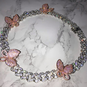 Butterfly Cuban Link Choker VVS Necklace Womens Silver Pink Cubic Zirconia Icy Bae Icy Szn UK Worldwide Shipping Kylie Jenner Kim Kardashian Jewellery