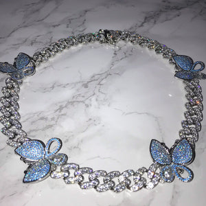 Butterfly Cuban Link Choker VVS Necklace Womens Silver Sky blue Cubic Zirconia Icy Bae Icy Szn UK Worldwide Shipping Kylie Jenner Kim Kardashian Jewellery