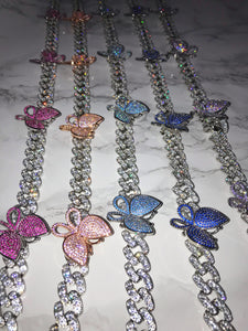 Butterfly Cuban Link Choker VVS Necklace Womens Gold Silver Pink Blue Rose Gold Sky Blue Hot Pink Lilac Cubic Zirconia Icy Bae Icy Szn UK Worldwide Shipping Kylie Jenner Kim Kardashian Jewellery