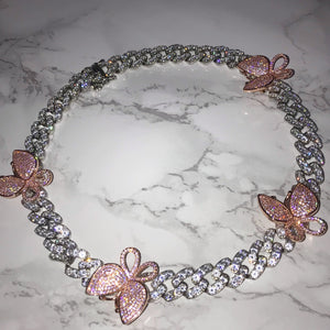 Butterfly Cuban Link Choker VVS Necklace Womens Silver Pink Cubic Zirconia Icy Bae Icy Szn UK Worldwide Shipping Kylie Jenner Kim Kardashian Jewellery