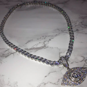 Turkish Evil Eye Tennis Chain VVS Necklace Womens Silver Cubic Zirconia Icy Bae Icy Szn UK Worldwide Shipping Kylie Jenner Kim Kardashian Jewellery