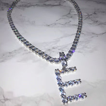 Load image into Gallery viewer, Silver Initial Pendent Tennis Chain Letter E VVS Necklace Womens Silver Cubic Zirconia Icy Bae Icy Szn UK Worldwide Shipping Kylie Jenner Kim Kardashian Jewellery
