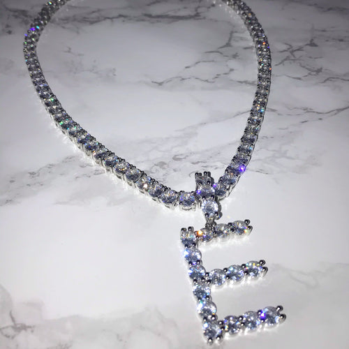 Silver Initial Pendent Tennis Chain Letter E VVS Necklace Womens Silver Cubic Zirconia Icy Bae Icy Szn UK Worldwide Shipping Kylie Jenner Kim Kardashian Jewellery