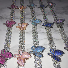 Load image into Gallery viewer, Butterfly Cuban Link Choker VVS Necklace Womens Silver Light Pink Light Blue Hot Pink Lilac Cubic Zirconia Icy Bae Icy Szn UK Worldwide Shipping Kylie Jenner Kim Kardashian Jewellery
