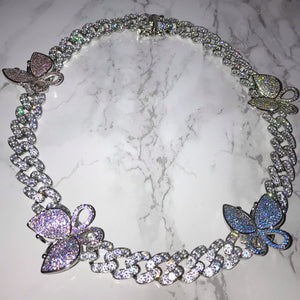 Pastel Rainbow Butterfly Cuban Link Choker VVS Necklace Womens Silver Cubic Zirconia Icy Bae Icy Szn UK Worldwide Shipping Kylie Jenner Kim Kardashian Jewellery