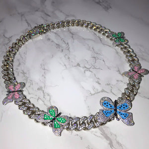 Rainbow Butterfly Cuban Link Choker VVS Necklace Womens Silver Cubic Zirconia Icy Bae Icy Szn UK Worldwide Shipping Kylie Jenner Kim Kardashian Jewellery