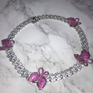 Butterfly Cuban Link Choker VVS Necklace Womens Silver Hot Pink Cubic Zirconia Icy Bae Icy Szn UK Worldwide Shipping Kylie Jenner Kim Kardashian Jewellery