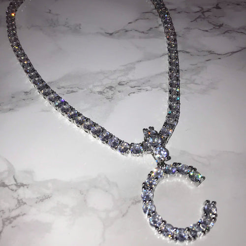 Silver Initial Pendent Tennis Chain Letter C VVS Necklace Womens Silver Cubic Zirconia Icy Bae Icy Szn UK Worldwide Shipping Kylie Jenner Kim Kardashian Jewellery