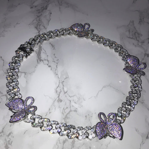 Butterfly Cuban Link Choker VVS Necklace Womens Silver Lilac Cubic Zirconia Icy Bae Icy Szn UK Worldwide Shipping Kylie Jenner Kim Kardashian Jewellery